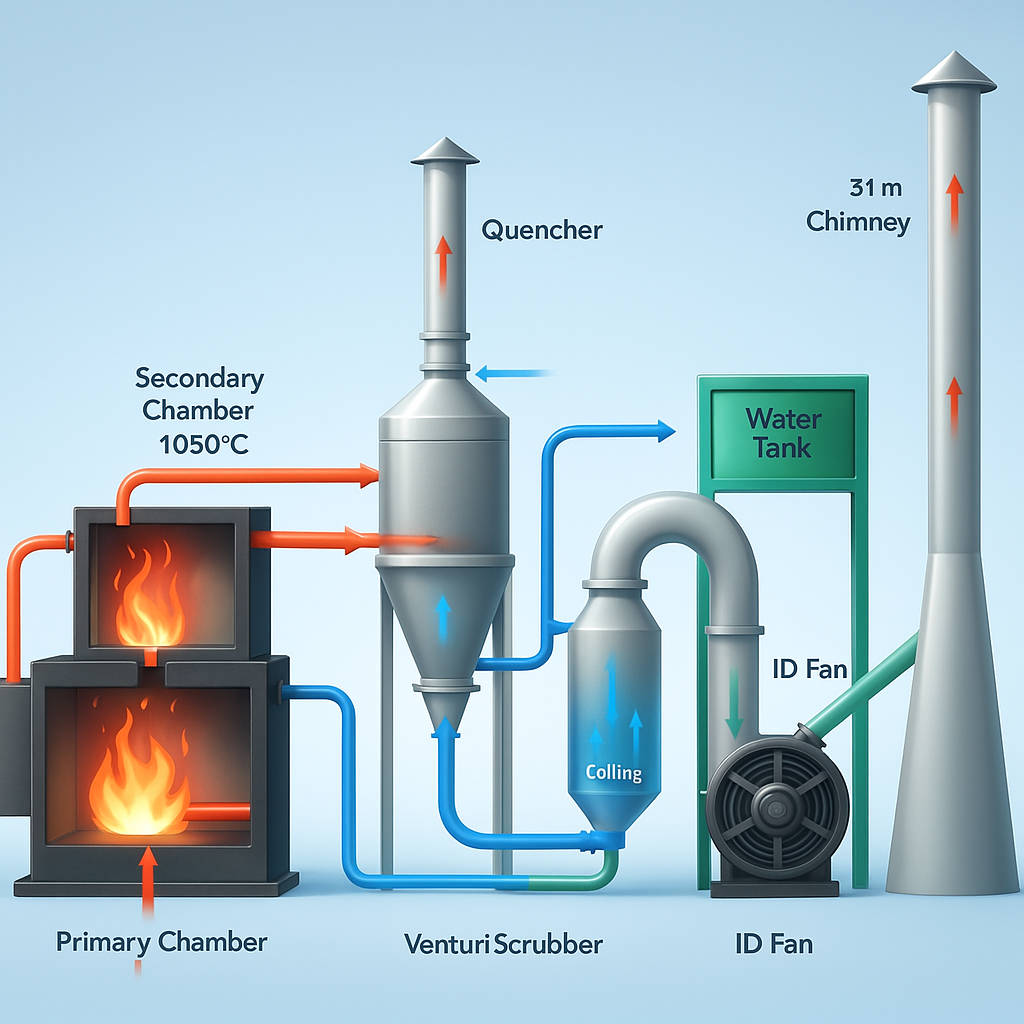 3D diagram of PrestinePeak industrial incinerator – eco-friendly high-temperature waste disposal system for biomedical, animal, and industrial waste.