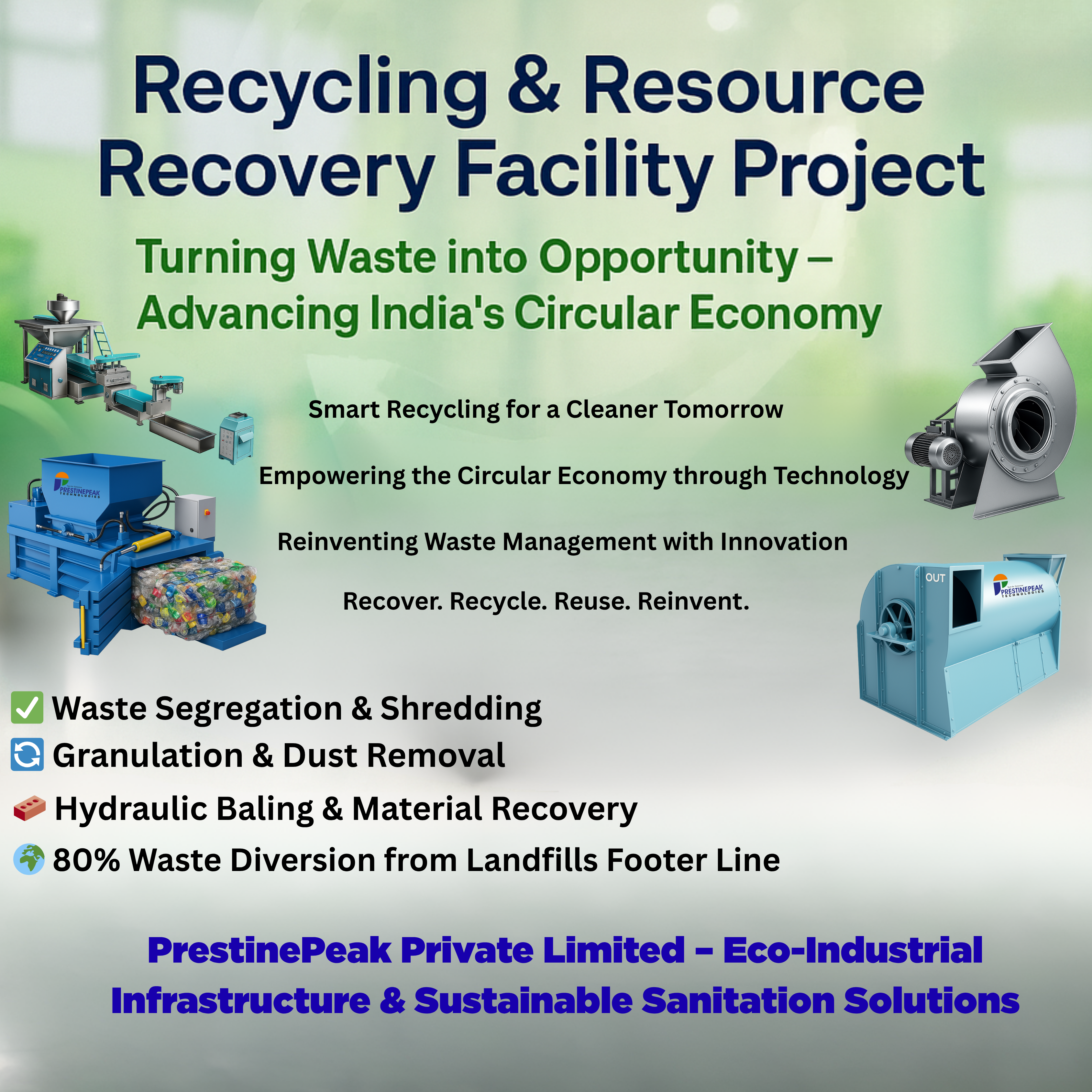 PrestinePeak Recycling and Resource Recovery Facility Project featuring plastic granule machine, shredder, dust remover, and hydraulic baler for circular economy and sustainable waste management in India.