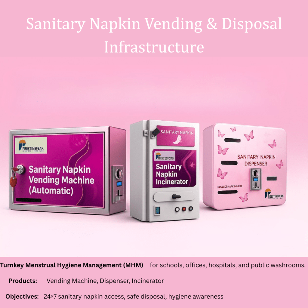 Sanitary napkin vending, dispenser, and incinerator machines for menstrual hygiene management in schools, offices, and public spaces.