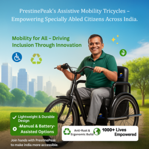 “PrestinePeak Assistive Mobility Tricycle Empowerment Project – specially abled man using an assistive tricycle promoting accessibility, inclusion, and mobility innovation across India.”